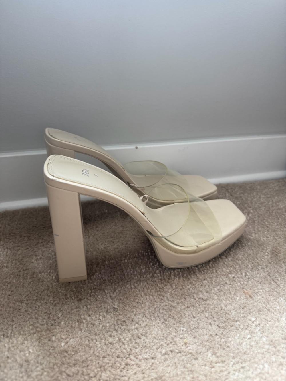 Zara Nude Clear Strap Block Heels